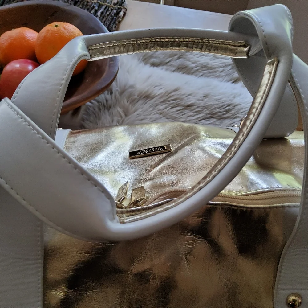 Versace Metallic Gold Duffel Bag with White Straps